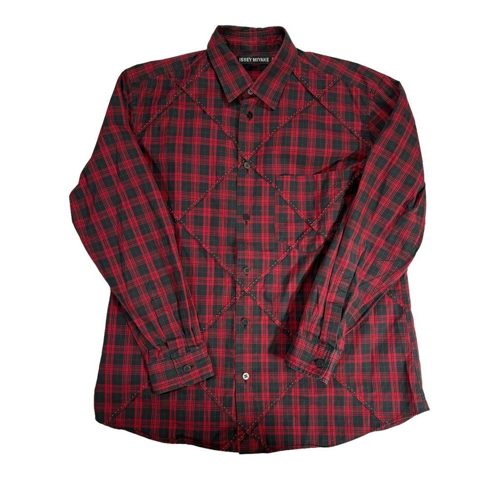 ISSEY MIYAKE Men Red Plaid Embroidered Shirt‎ Size 2 Medium